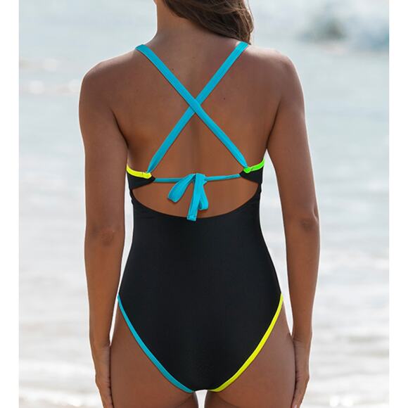 Popvil Color Block Bandage Design One Piece Swimsuit Bathing Suit Black Medium - Picture 2 of 9